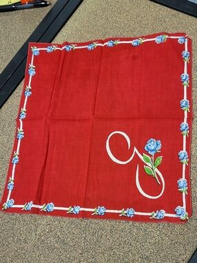 1950s "G" Red Floral Border Handkerchief with Blue Rose Accent